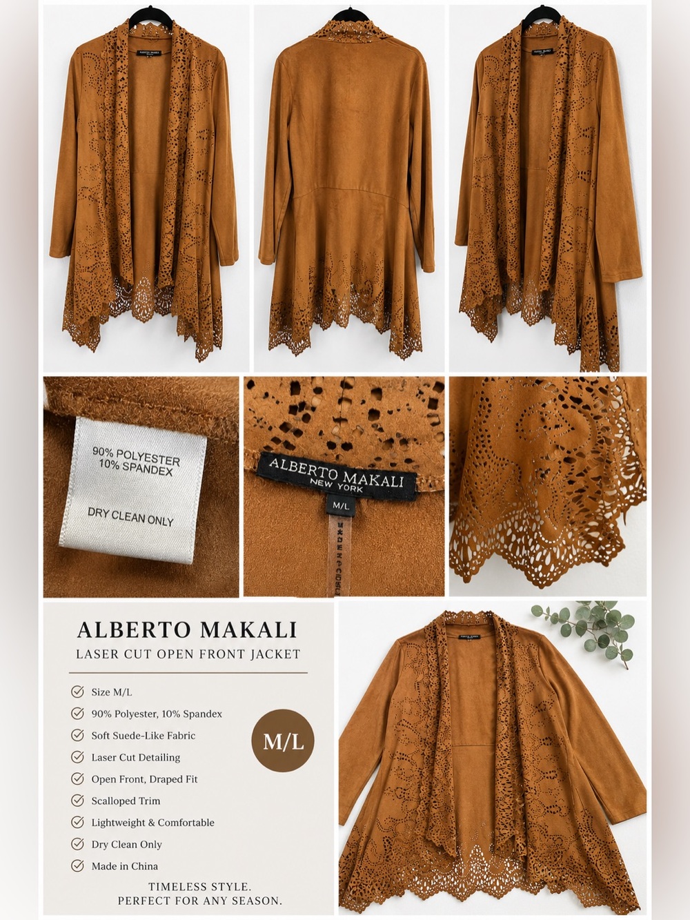 Alberto Makali Camel Laser-Cut Open Front Cardigan